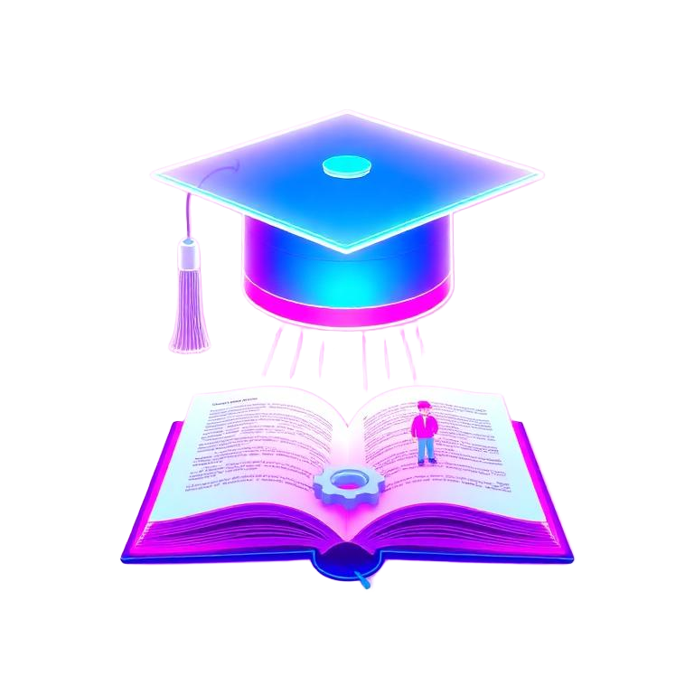3D neon illustration of a graduation cap over an open book